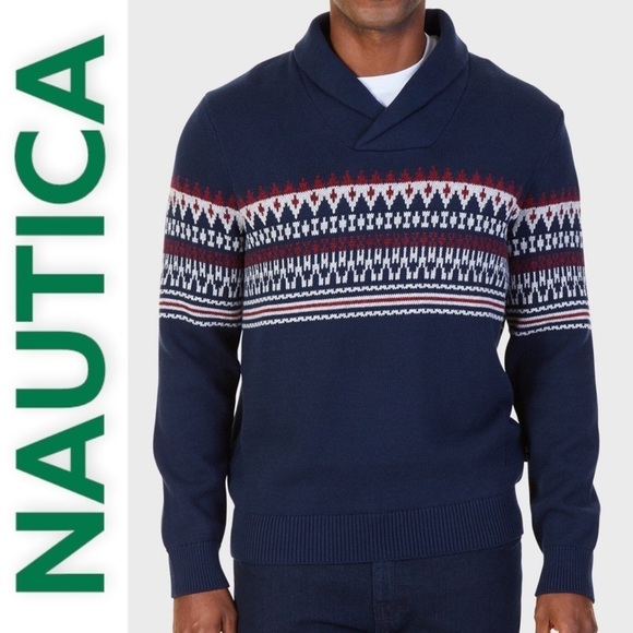 NAUTICA Fair Isle Style Shawl Collar Blue, Gray Pullover Sweater, Size Medium - Picture 2 of 7